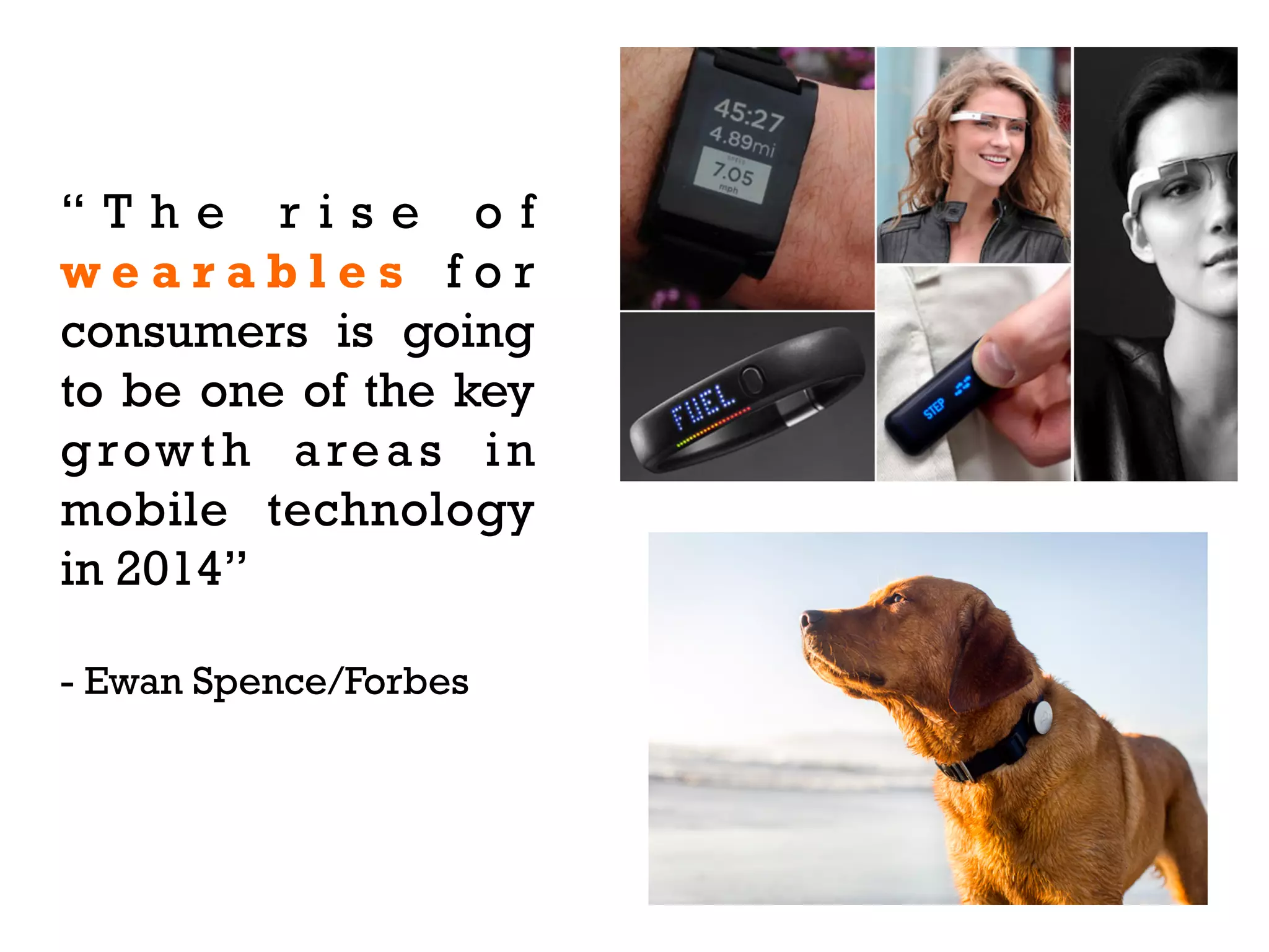 “The rise of
wearables for
consumers is going
to be one of the key
g row t h a re a s i n
mobile technology
in 2014”
- Ewan Spence/Forbes

 