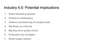 Industry 4.0: Potential Implications
1. Robot assisted production
2. Predictive maintenance
3. Additive manufacturing of complex parts
4. Machines as a Service
5. Big data drive quality control
6. Production line simulation
7. Smart supply network
 