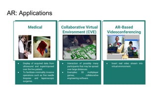 AR: Applications
Collaborative Virtual
Environment (CVE)
● Interaction of possibly many
participants that may be spread
over large distances.
● Examples: 3D multiplayer
games, collaborative
engineering software.
Medical
● Display of acquired data from
ultrasound and superimposed
over the live patient.
● To facilitate minimality invasive
operations such as fine needle
biopsies and laparoscopic
surgeries.
AR-Based
Videoconferencing
● Insert real video stream into
virtual environment.
 