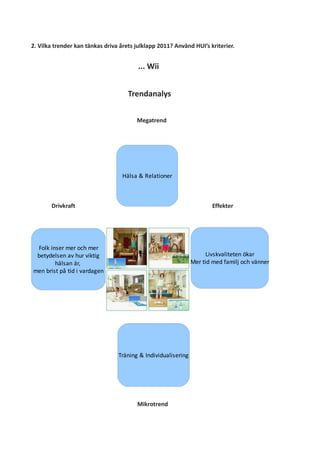 2. Vilka trender kan tänkas driva årets julklapp 2011? Använd HUI’s kriterier.


                                         ... Wii


                                     Trendanalys


                                        Megatrend




                                  Hälsa & Relationer



       Drivkraft                                                       Effekter




 Folk inser mer och mer
 betydelsen av hur viktig                                           Livskvaliteten ökar
        hälsan är,                                             Mer tid med familj och vänner
men brist på tid i vardagen




                                 Träning & Individualisering




                                        Mikrotrend
 