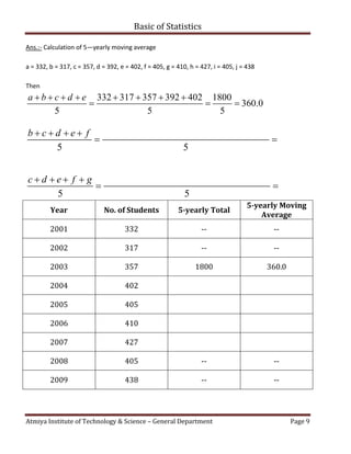 Basic of Statistics
Atmiya Institute of Technology & Science – General Department Page 9
Ans.:- Calculation of 5—yearly moving average
a = 332, b = 317, c = 357, d = 392, e = 402, f = 405, g = 410, h = 427, i = 405, j = 438
Then
332 317 357 392 402 1800
360.0
5 5 5
a b c d e       
  
5 5
b c d e f   
 
5 5
c d e f g   
 
Year No. of Students 5-yearly Total
5-yearly Moving
Average
2001 332 -- --
2002 317 -- --
2003 357 1800 360.0
2004 402
2005 405
2006 410
2007 427
2008 405 -- --
2009 438 -- --
 