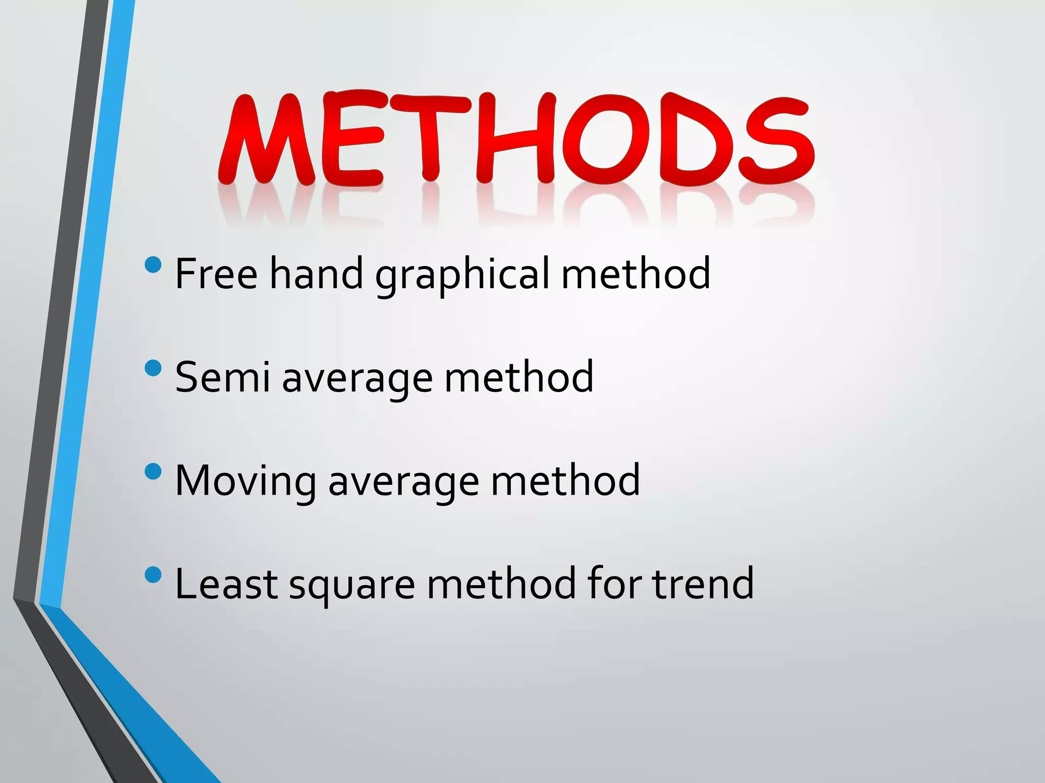 •Free hand graphical method
•Semi average method
•Moving average method
•Least square method for trend
 