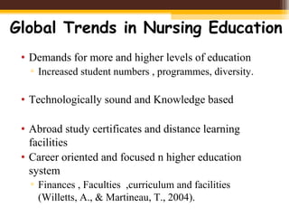 Global Trends in Nursing Education
• Demands for more and higher levels of education
▫ Increased student numbers , programmes, diversity.
• Technologically sound and Knowledge based
• Abroad study certificates and distance learning
facilities
• Career oriented and focused n higher education
system
▫ Finances , Faculties ,curriculum and facilities
(Willetts, A., & Martineau, T., 2004).
 