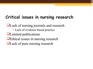 Critical issues in nursing research
Lack of nursing journals and research
• Lack of evidence based practice
Limited publications
Ethical issues in nursing research
Lack of pure nursing research
 