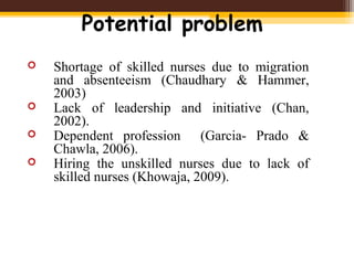 Potential problem
 Shortage of skilled nurses due to migration
and absenteeism (Chaudhary & Hammer,
2003)
 Lack of leadership and initiative (Chan,
2002).
 Dependent profession (Garcia- Prado &
Chawla, 2006).
 Hiring the unskilled nurses due to lack of
skilled nurses (Khowaja, 2009).
 