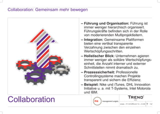 Collaboration: Gemeinsam mehr bewegen


                                 – Führung und Organisation: Führung ist
                                   immer weniger hierarchisch organisiert.
                                   Führungskräfte befinden sich in der Rolle
                                   von moderierenden Multiprojektleitern.
                                 – Integration: Gemeinsame Plattformen
                                   bieten eine vertikal transparente
                                   Verzahnung zwischen den einzelnen
                                   Wertschöpfungsschritten.
                                 – Holistischer Blick: Unternehmen agieren
                                   immer weniger als solitäre Wertschöpfungs-
                                   einheit, die Anzahl interner und externer
                                   Schnittstellen nimmt dramatisch zu.
                                 – Prozesssicherheit: Professionelle
                                   Controllingsysteme machen Projekte
                                   transparent und sichern die Effizienz.
                                 – Beispiel: Nike und iTunes, DHL Innovation
                                   Initiative u. a. mit T-Systems, Intel Motorola
                                   und IBM.

Collaboration                                              www.trendbuero.com   p   12
 