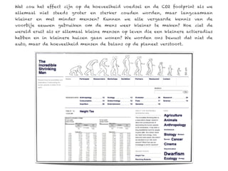 Wat zou het effect zijn op de hoeveelheid voedsel en de CO2 footprint als we
allemaal    niet   steeds   groter   en   sterker   zouden   worden,   maar    langzaamaan
kleiner    en   met   minder   mensen?     Kunnen    we   alle   vergaarde   kennis   van   de
voorbije eeuwen gebruiken om de mens weer kleiner te maken? Hoe ziet de
wereld eruit als er allemaal kleine mensen op leven die een kleinere actieradius
hebben en in kleinere huizen gaan wonen? We worden ons bewust dat niet de
auto, maar de hoeveelheid mensen de balans op de planeet verstoort.
 
 