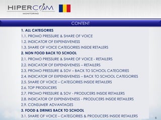 CONTENT
6
1. ALL CATEGORIES
1.1. PROMO PRESSURE & SHARE OF VOICE
1.2. INDICATOR OF EXPENSIVENESS
1.3. SHARE OF VOICE CATEGORIES INSIDE RETALERS
2. NON FOOD BACK TO SCHOOL
2.1. PROMO PRESSURE & SHARE OF VOICE - RETAILERS
2.2. INDICATOR OF EXPENSIVENESS – RETAILERS
2.3. PROMO PRESSURE & SOV – BACK TO SCHOOL CATEGORIES
2.4. INDICATOR OF EXPENSIVENESS – BACK TO SCHOOL CATEGORIES
2.5. SHARE OF VOICE – CATEGORIES INSIDE RETAILERS
2.6. TOP PRODUCERS
2.7. PROMO PRESSURE & SOV - PRODUCERS INSIDE RETAILERS
2.8. INDICATOR OF EXPENSIVENESS - PRODUCERS INSIDE RETAILERS
2.9. CONSUMER ADVANTAGES
3. FOOD & DRINKS BACK TO SCHOOL
3.1. SHARE OF VOICE – CATEGORIES & PRODUCERS INSIDE RETAILERS
 