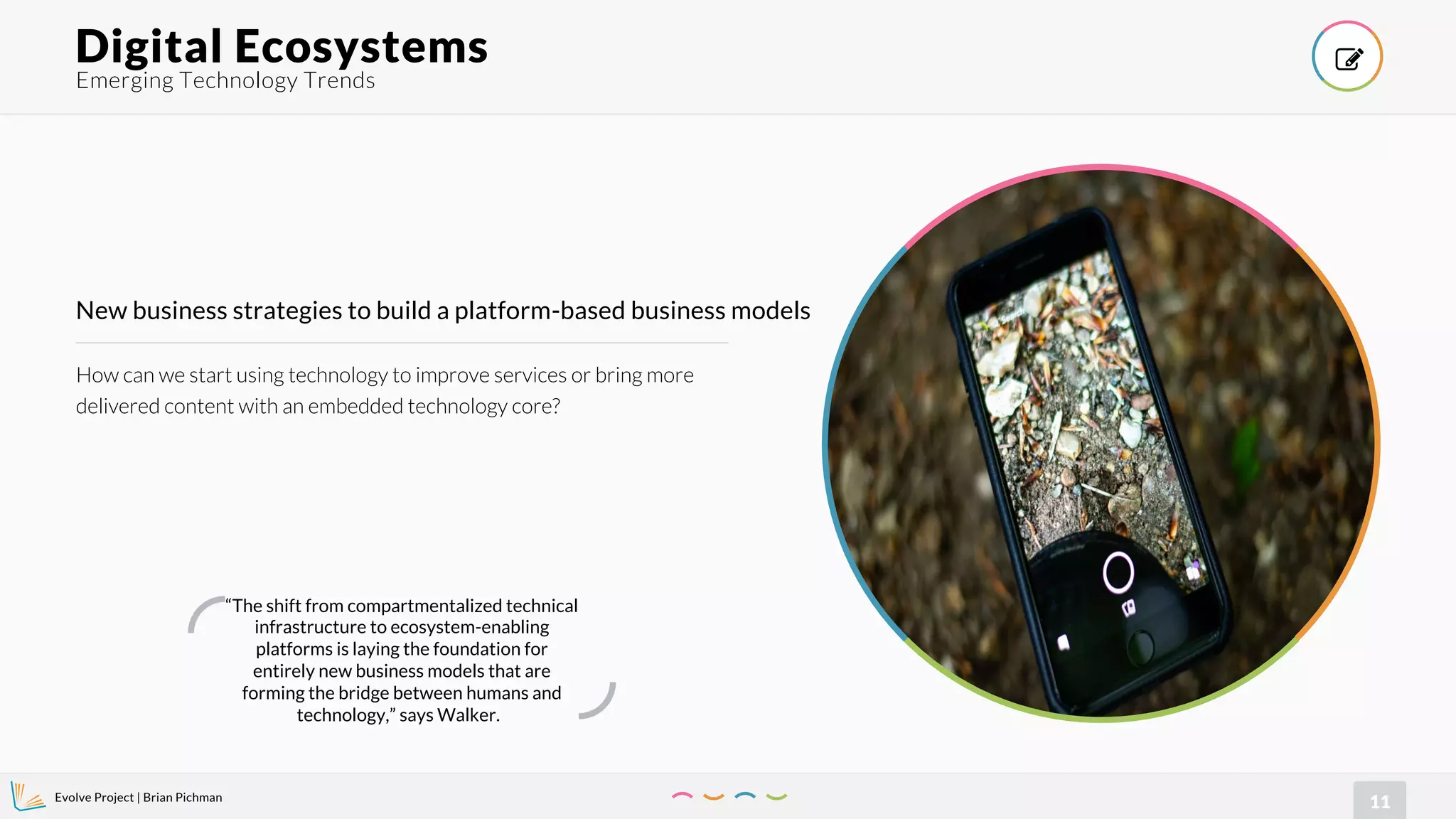Evolve Project | Brian Pichman
11
How can we start using technology to improve services or bring more
delivered content with an embedded technology core?
New business strategies to build a platform-based business models
Emerging Technology Trends
Digital Ecosystems !
“The shift from compartmentalized technical
infrastructure to ecosystem-enabling
platforms is laying the foundation for
entirely new business models that are
forming the bridge between humans and
technology,” says Walker.
 