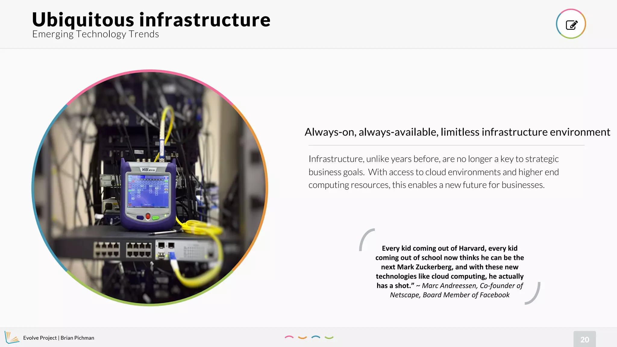 Evolve Project | Brian Pichman
20
Infrastructure, unlike years before, are no longer a key to strategic
business goals. With access to cloud environments and higher end
computing resources, this enables a new future for businesses.
Always-on, always-available, limitless infrastructure environment
Emerging Technology Trends
Ubiquitous infrastructure !
Every kid coming out of Harvard, every kid
coming out of school now thinks he can be the
next Mark Zuckerberg, and with these new
technologies like cloud computing, he actually
has a shot.” ~ Marc Andreessen, Co-founder of
Netscape, Board Member of Facebook
 