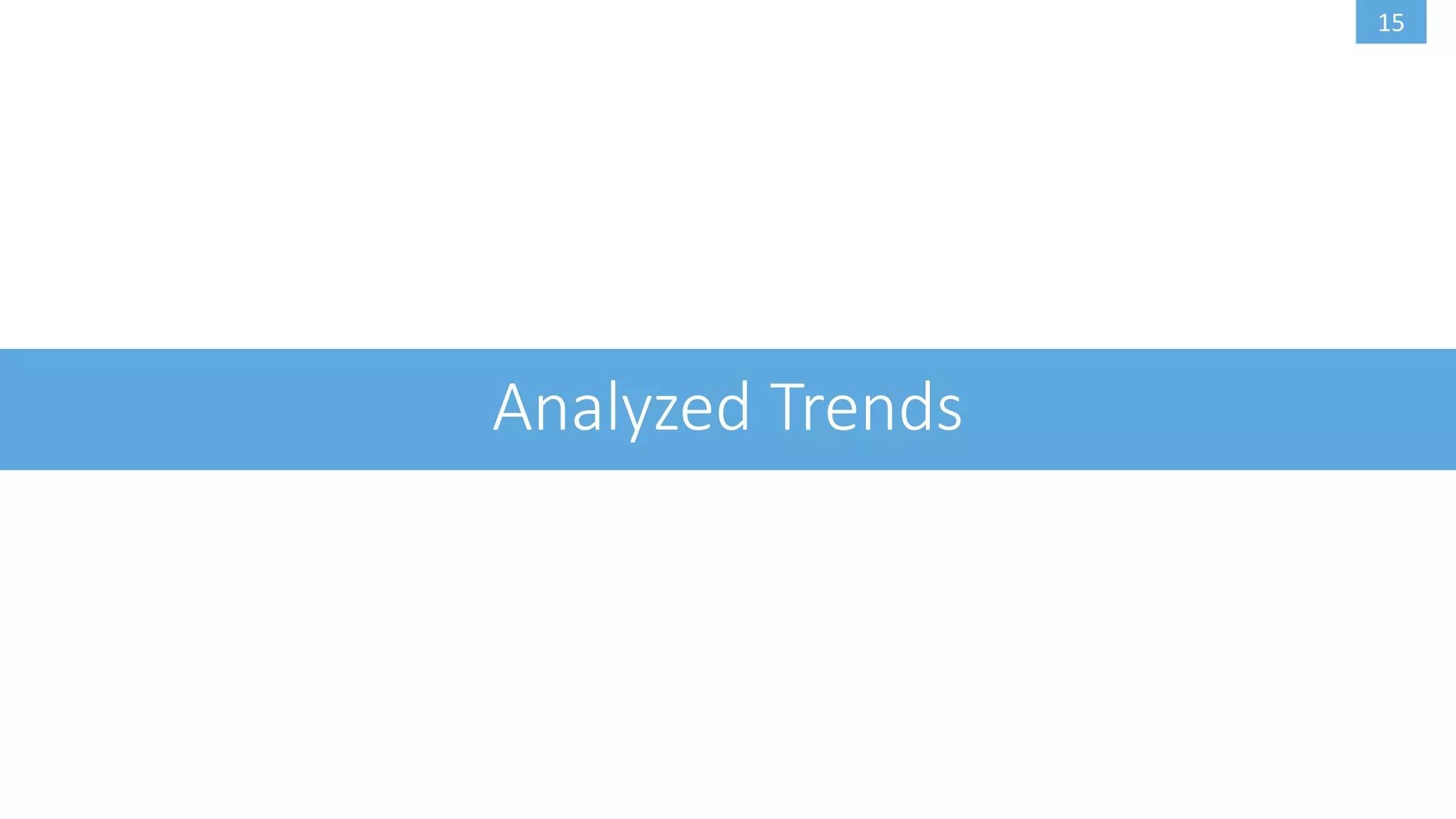 14
Trend Analyzer
Text Preprocessing (Python NLTK)
URL & stopword removal
Lowercasing & tokenizing
Word stemming
Sentiment Analysis
Topic Modeling (LDA)
Wordcloud Visualization
Wordfreq.js
Wordcloud2.js
GeoSpatial Visualization
CartoDB
Early Trend Detector
Bag-of-words (Hashtags, Mentions)
Anomaly Detection
Statistical Measurement
(growth, average usage, retweets, participating users…)
Time Series Analysis
Trend Classification
Twitter Streaming API (Twython)
Architecture
 