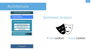 9
Twitter Streaming API (Twython)
Architecture
Trend Analyzer
Text Preprocessing (Python NLTK)
URL & stopword removal
Lowercasing & tokenizing
Word stemming
Stemming
Amazing
Amazement
Amazed
amaze
 