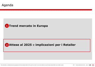 This information is confidential and was prepared by Bain & Company solely for the use of our client; it is not to be relied on by any 3rd party without Bain's prior written consent 25LON Come prosperare nel turb ... peo v3
Agenda
•Trend mercato in Europa
•Attese al 2025 e implicazioni per i Retailer
1
2
 