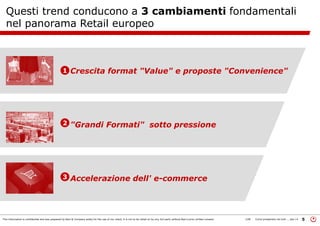This information is confidential and was prepared by Bain & Company solely for the use of our client; it is not to be relied on by any 3rd party without Bain's prior written consent 5LON Come prosperare nel turb ... peo v3
Crescita format "Value" e proposte "Convenience"
"Grandi Formati" sotto pressione
Accelerazione dell' e-commerce
1
2
3
Questi trend conducono a 3 cambiamenti fondamentali
nel panorama Retail europeo
 