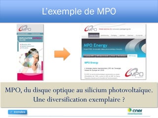 L’exemple de MPO
MPO, du disque optique au silicium photovoltaïque.
Une diversification exemplaire ?
 