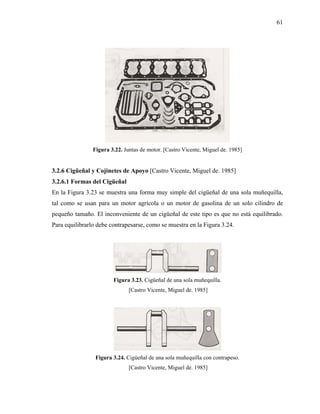 61




                Figura 3.22. Juntas de motor. [Castro Vicente, Miguel de. 1985]


3.2.6 Cigüeñal y Cojinetes de Apoyo [Castro Vicente, Miguel de. 1985]
3.2.6.1 Formas del Cigüeñal
En la Figura 3.23 se muestra una forma muy simple del cigüeñal de una sola muñequilla,
tal como se usan para un motor agrícola o un motor de gasolina de un solo cilindro de
pequeño tamaño. El inconveniente de un cigüeñal de este tipo es que no está equilibrado.
Para equilibrarlo debe contrapesarse, como se muestra en la Figura 3.24.




                        Figura 3.23. Cigüeñal de una sola muñequilla.
                               [Castro Vicente, Miguel de. 1985]




                 Figura 3.24. Cigüeñal de una sola muñequilla con contrapeso.
                               [Castro Vicente, Miguel de. 1985]
 
