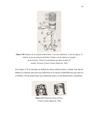70




Figura 3.38. Despiece de un conjunto émbolo-biela: 1) aros de compresión; 2) aros de engrase; 3)
          émbolo; 4) aros de retención del bulón; 5) bulón o eje de émbolo; 6) casquillo
                 de pie de biela; 7) biela; 8) semicojinetes de cabeza de biela; 9)
                     tornillo; 10) tuerca. [Castro Vicente, Miguel de. 1985]


En la Figura 3.39 se encuentra un émbolo de cabeza esférica entero y cortado. Este tipo de
émbolo se construye para provocar turbulencia en la mezcla combustible-aire que entra en
el cilindro, a fin de proporcionar una combustión mejor y evitar detonaciones o cascabeleo.




                            Figura 3.39. Émbolo de cabeza esférica.
                                [Castro Vicente, Miguel de. 1985]
 