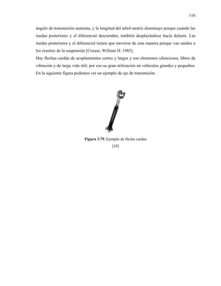 116

ángulo de transmisión aumenta, y la longitud del árbol motriz disminuye porque cuando las
ruedas posteriores y el diferencial descienden, también desplazándose hacia delante. Las
ruedas posteriores y el diferencial tienen que moverse de esta manera porque van unidos a
los resortes de la suspensión [Crouse, William H. 1985].
Hay flechas cardán de acoplamientos cortos y largos y son elementos silenciosos, libres de
vibración y de larga vida útil; por eso su gran utilización en vehículos grandes y pequeños.
En la siguiente figura podemos ver un ejemplo de eje de transmisión.




                            Figura 3.79. Ejemplo de flecha cardan
                                            [10]
 