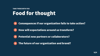 Food for thought
Consequences if our organization fails to take action?
How will expectations around us transform?
Potential new partners or collaborators?
The future of our organization and brand?
TAKE THESE WITH YOU
#
#
#
#
 