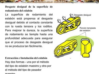 Desgaste desigual de la superficie de
rodamiento del eslabón
La superficie de rodamiento del
eslabón está propensa al desgaste
desigual debido al contacto constante
con la rueda tensora y los rodillos.
Para mejorar la dureza, la superficie
de rodamiento se tiempla hasta una
profundidad adecuada para asegurar
que el proceso de desgaste desigual
no se produzca tan fácilmente.
Extracción e Instalación del eslabón
Hay dos formas - una por el método
del tipo de eslabón maestro y otra por
el método del tipo de pasador
 