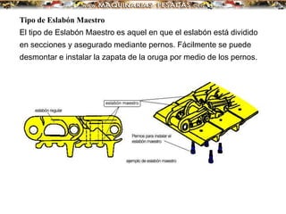 Tipo de Eslabón Maestro
El tipo de Eslabón Maestro es aquel en que el eslabón está dividido
en secciones y asegurado mediante pernos. Fácilmente se puede
desmontar e instalar la zapata de la oruga por medio de los pernos.
 