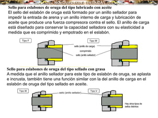 Sello para eslabones de oruga del tipo lubricado con aceite
El sello del eslabón de oruga está formado por un anillo sellador para
impedir la entrada de arena y un anillo interno de carga y lubricación de
aceite que produce una fuerza compresora contra el sello. El anillo de carga
está diseñado para conservar la capacidad selladora con su elasticidad a
medida que es comprimido y empotrado en el eslabón.
Sello para eslabones de oruga del tipo sellado con grasa
A medida que el anillo sellador para este tipo de eslabón de oruga, se aplasta
e incrusta, también tiene una función similar con la del anillo de carga en el
eslabón de oruga del tipo sellado en aceite.
 