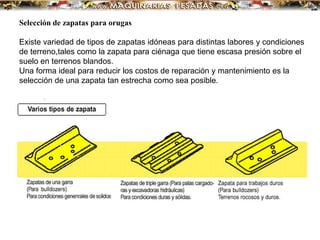 Selección de zapatas para orugas
Existe variedad de tipos de zapatas idóneas para distintas labores y condiciones
de terreno,tales como la zapata para ciénaga que tiene escasa presión sobre el
suelo en terrenos blandos.
Una forma ideal para reducir los costos de reparación y mantenimiento es la
selección de una zapata tan estrecha como sea posible.
 