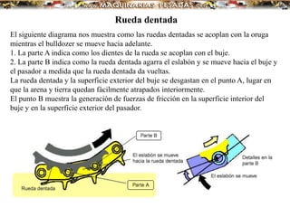 Rueda dentada
El siguiente diagrama nos muestra como las ruedas dentadas se acoplan con la oruga
mientras el bulldozer se mueve hacia adelante.
1. La parte A indica como los dientes de la rueda se acoplan con el buje.
2. La parte B indica como la rueda dentada agarra el eslabón y se mueve hacia el buje y
el pasador a medida que la rueda dentada da vueltas.
La rueda dentada y la superficie exterior del buje se desgastan en el punto A, lugar en
que la arena y tierra quedan fácilmente atrapados interiormente.
El punto B muestra la generación de fuerzas de fricción en la superficie interior del
buje y en la superficie exterior del pasador.
 
