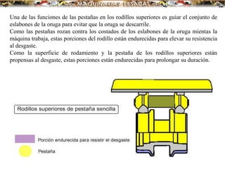 Una de las funciones de las pestañas en los rodillos superiores es guiar el conjunto de
eslabones de la oruga para evitar que la oruga se descarrile.
Como las pestañas rozan contra los costados de los eslabones de la oruga mientas la
máquina trabaja, estas porciones del rodillo están endurecidas para elevar su resistencia
al desgaste.
Como la superficie de rodamiento y la pestaña de los rodillos superiores están
propensas al desgaste, estas porciones están endurecidas para prolongar su duración.
 