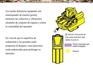 Las ruedas delanteras equipadas con
amortiguador de caucho [goma]
minimiza los esfuerzos y vibraciones
alrededor de conjunto de zapatas y realza
la comodidad del operador.
En vista de que la superficie de
rodamiento y las pestañas están
propensas al desgaste, estas porciones
están endurecidas para prolongar su
duración.
 