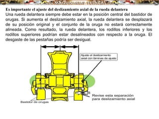 Es importante el ajuste del deslizamiento axial de la rueda delantera
Una rueda delantera siempre debe estar en la posición central del bastidor de
orugas. Si aumenta el deslizamiento axial, la rueda delantera se desplazará
de su posición original y el conjunto de la oruga no estará correctamente
alineada. Como resultado, la rueda delantera, los rodillos inferiores y los
rodillos superiores podrían estar desalineados con respecto a la oruga. El
desgaste de las pestañas podría ser desigual.
 