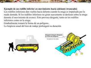 Ejemplo de un rodillo inferior en movimiento hacia adelante (trancado)
Los rodillos inferiores dan vueltas hacia delante cuando la oruga es impulsada por la
rueda dentada. Si los rodillos inferiores no giran suavemente se deslizan sobre la oruga
durante el movimiento de avance. Esto provoca desgaste, tanto en los rodillos
inferiores como en la oruga.
Gradualmente tomará la forma de un polígono.
La limpieza usual del tren de rodaje prolongará su duración.
 