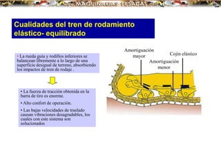 Amortiguación
mayor• La rueda guía y rodillos inferiores se
balancean libremente a lo largo de una
superficie desigual de terreno, absorbiendo
los impactos de tren de rodaje .
• La fuerza de tracción obtenida en la
barra de tiro es enorme.
• Alto confort de operación.
• Las bajas velocidades de traslado
causan vibraciones desagradables, los
cuales con este sistema son
solucionados
Amortiguación
menor
Cojín elástico
Cualidades del tren de rodamiento
elástico- equilibrado
 