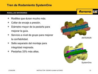 27/08/2008 INSTRUCTOR: OSORIO ALANIA ALFONSO 33
Tren de Rodamiento SystemOne
RODILLOS INFERIORES
+ Rodillos que duran mucho más.
+ Collar de encaje a presión.
+ Diámetro mayor de la pestaña para
mejorar la guía.
+ Servicio a nivel de grupo para mejorar
la confiabilidad.
+ Sello separado del montaje para
integridad mejorada.
+ Pestañas 33% más altas.
ANTERIOR
SystemOne
 