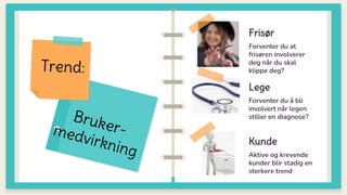 Frisør
Forventer du at
frisøren involverer
deg når du skal
klippe deg?
Forventer du å bli
involvert når legen
stiller en diagnose?
Lege
Aktive og krevende
kunder blir stadig en
sterkere trend
Kunde
 