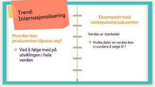 Hvordan kan
produsenten tilpasse seg?
 Ved å følge med på
utviklingen i hele
verden
Eksempelet med
vaskepulverprudusenten
Verden er markedet
 Hvilke deler av verden kan
vi vurdere å selge til ?
 