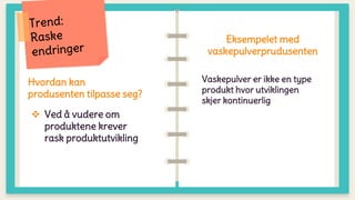 Hvordan kan
produsenten tilpasse seg?
 Ved å vudere om
produktene krever
rask produktutvikling
Eksempelet med
vaskepulverprudusenten
Vaskepulver er ikke en type
produkt hvor utviklingen
skjer kontinuerlig
 