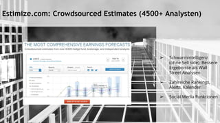 Estimize.com: Crowdsourced Estimates (4500+ Analysten)
➢ Schwarmintelligenz
(ohne Sell side); Bessere
Ergebnisse als Wall
Street Analysen
➢ Zahlreiche Rankings,
Alerts, Kalender
➢ Social Media Funktionen
 