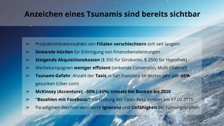 Anzeichen eines Tsunamis sind bereits sichtbar
➢ Produktivitätskennzahlen von Filialen verschlechtern sich seit langem
➢ Sinkende Hürden für Erbringung von Finanzdienstleistungen
➢ Steigende Akquisitionskosten ($ 350 für Girokonto, $ 2500 für Hypothek)
➢ Werbekampagnen weniger effizient (sinkende Conversion; Multi Channel)
➢ Tsunami-Gefahr: Anzahl der Taxis in San Francisco im letzten Jahr um -65%
gesunken (Uber.com)
➢ McKinsey (Accenture): -30% (-35%) Umsatz bei Banken bis 2020
➢ “Bezahlen mit Facebook”: Vorstellung der Open-Beta Version am 17.03.2015
➢ Paradigmen-Wechsel verursacht Ignoranz und Unfähigkeit bei Führungskräften
 