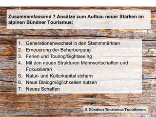 Zusammenfassend 7 Ansätze zum Aufbau neuer Stärken im
alpinen Bündner Tourismus:



   1. Generationenwechsel in den Stammmärkten
   2. Erneuerung der Beherbergung
   3. Ferien und Touring/Sightseeing
   4. Mit den neuen Strukturen Mehrwertschaffen und
      Fokussieren
   5. Natur- und Kulturkapital sichern
   6. Neue Dialogmöglichkeiten nutzen
   7. Neues Schaffen



                                5. Bündner Tourismus Trendforum12
                                                            Seite
 