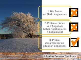 Preisstrategien
                     1. Die Preise
                  am Markt angleichen


                   2. Preise erhöhen
                     und Angebote
                  höher Positionieren
                     > Exklusivität


                        3. Preise
                    dynamischer an
                  Situation anpassen.



                   5. Bündner Tourismus Trendforum26
                                               Seite
 