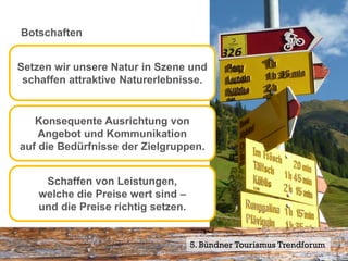 Botschaften


Setzen wir unsere Natur in Szene und
 schaffen attraktive Naturerlebnisse.


   Konsequente Ausrichtung von
    Angebot und Kommunikation
auf die Bedürfnisse der Zielgruppen.


     Schaffen von Leistungen,
    welche die Preise wert sind –
    und die Preise richtig setzen.


                                     5. Bündner Tourismus Trendforum31
                                                                 Seite
 
