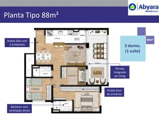 Planta Tipo 88m²


 Ampla Sala com                                 88m²
  2 ambientes
                                    3 dorms.
                                    (1 suíte)


                             Terraço
                           Integrado
                            ao Living



                      Ampla área
                      de armários



   Banheiro com
  ventilação direta
 