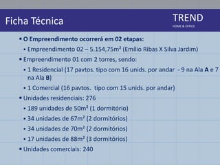Ficha Técnica                                                TREND
                                                             HOME & OFFICE



    O Empreendimento ocorrerá em 02 etapas:
       Empreendimento 02 – 5.154,75m² (Emílio Ribas X Silva Jardim)
    Empreendimento 01 com 2 torres, sendo:
       1 Residencial (17 pavtos. tipo com 16 unids. por andar - 9 na Ala A e 7
        na Ala B)
       1 Comercial (16 pavtos. tipo com 15 unids. por andar)
    Unidades residenciais: 276
       189 unidades de 50m² (1 dormitório)
       34 unidades de 67m² (2 dormitórios)
       34 unidades de 70m² (2 dormitórios)
       17 unidades de 88m² (3 dormitórios)
    Unidades comerciais: 240
 