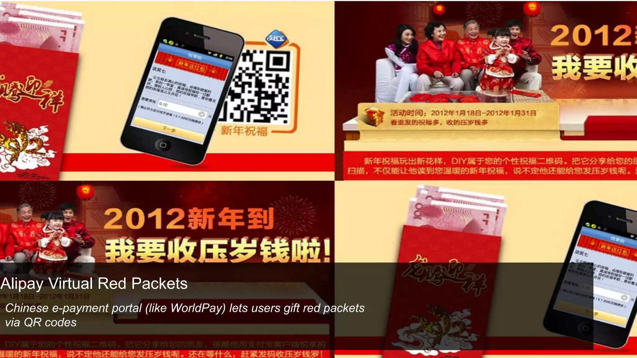 Alipay Virtual Red Packets
Chinese e-payment portal (like WorldPay) lets users gift red packets
via QR codes
 