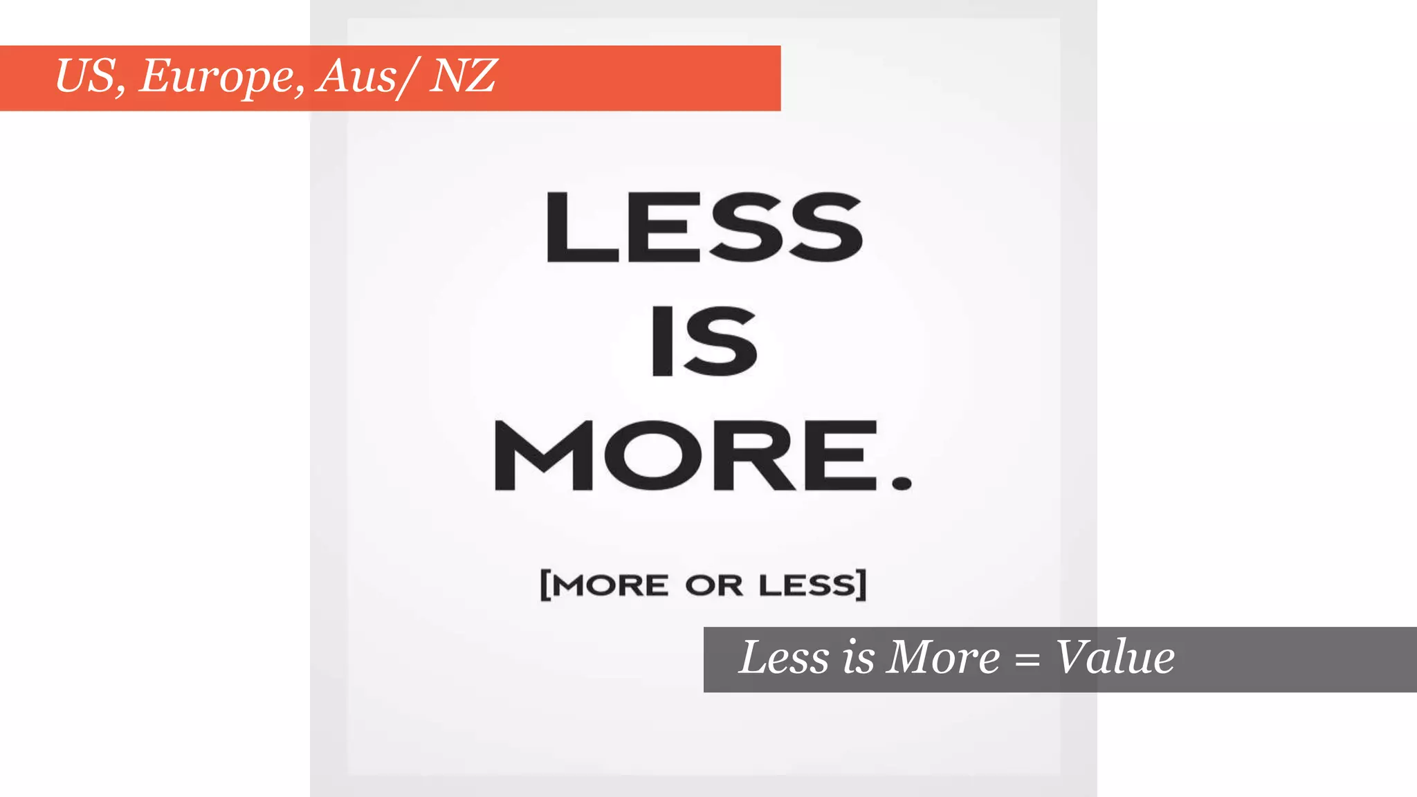 Less is More = Value
US, Europe, Aus/ NZ
 