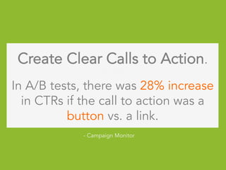 Create Clear Calls to Action.
Kj lklkj
In A/B tests, there was 28% increase
in CTRs if the call to action was a
button vs. a link.
- Campaign Monitor
 