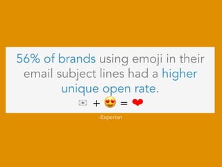 56% of brands using emoji in their
email subject lines had a higher
unique open rate.
✉ + 😍 = ❤
-Experian
 