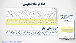 (Abbasi, Saken, & Bahrami,
2015)
http://dx.doi.org/10.13140/2.1.3638.0485
TIA
‫فارسی‬ ‫مقاالت‬ ‫در‬
‫روند‬ ‫ااثیر‬ ‫احلیی‬
‫پژوه‬ ‫آینده‬ ‫در‬
‫از‬
‫این‬
‫برنامه‬ ، ‫بین‬ ‫پیش‬ ‫براخ‬ ‫میگوان‬ ‫روش‬
‫ریزخ‬
‫احلیی‬ ، ‫ااگمال‬ ‫هاخ‬
‫گزی‬
‫نه‬
‫هاخ‬
‫برنامه‬ ، ‫سیاس‬
‫ریزخ‬
‫اسگرااژی‬
‫و‬
‫سناریونویت‬
‫کرد‬ ‫اسگفاده‬
‫دیگر‬ ‫كاربردهای‬
 