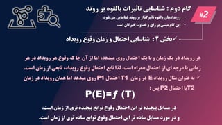 #2
•
،‫شود‬ ‫مي‬ ‫شناسايي‬ ‫روند‬ ‫بر‬ ‫تاثيرگذار‬ ‫بالقوه‬ ‫رويدادهای‬
•
‫قضاوت‬ ‫و‬ ‫رای‬ ‫بر‬ ‫مبتني‬ ‫گام‬ ‫اين‬
‫خبرگان‬
‫است‬
✓
‫بخش‬
۲
:
‫شناسايي‬
‫وقوع‬ ‫زمان‬ ‫و‬ ‫احتمال‬
‫رويداد‬
‫دوم‬ ‫گام‬
:
‫روند‬ ‫بر‬ ‫بالقوه‬ ‫تاثيرات‬ ‫شناسايي‬
‫هر‬
‫رویداد‬
‫احتمال‬ ‫یك‬ ‫با‬ ‫و‬ ‫زمان‬ ‫یك‬ ‫در‬
‫روی‬
‫میدهد‬
‫جا‬ ‫آن‬ ‫از‬ ‫اما‬ ،
‫كه‬
‫هر‬ ‫وقوع‬
‫رویداد‬
‫هر‬ ‫در‬
‫زمانی‬
‫درجه‬ ‫با‬
‫ای‬
‫وقوع‬ ‫احتمال‬ ‫تابع‬ ‫لذا‬ ،‫است‬ ‫همراه‬ ‫احتمال‬ ‫از‬
‫رویداد‬
،
‫تابعی‬
‫است‬ ‫زمان‬ ‫از‬
.
✓
‫مثال‬ ‫عنوان‬ ‫به‬
‫رویداد‬
E
‫زمان‬ ‫در‬
T1
‫احتمال‬
P1
‫روی‬
‫میدهد‬
‫همان‬ ‫اما‬
‫رویداد‬
‫زمان‬ ‫در‬
T2
‫احتمال‬ ‫با‬
P2
‫پس‬
:
P(E)=ƒ (T)
‫در‬
‫مسايل‬
‫پيچيده‬
‫تر‬
‫اين‬
‫توابع‬ ‫وقوع‬ ‫احتمال‬
‫پيچيده‬
‫تری‬
،‫است‬ ‫زمان‬ ‫از‬
‫مورد‬ ‫در‬ ‫و‬
‫مسايل‬
‫تر‬ ‫ساده‬
‫اين‬
‫ساده‬ ‫توابع‬ ‫وقوع‬ ‫احتمال‬
‫تری‬
‫است‬ ‫زمان‬ ‫از‬
.
 